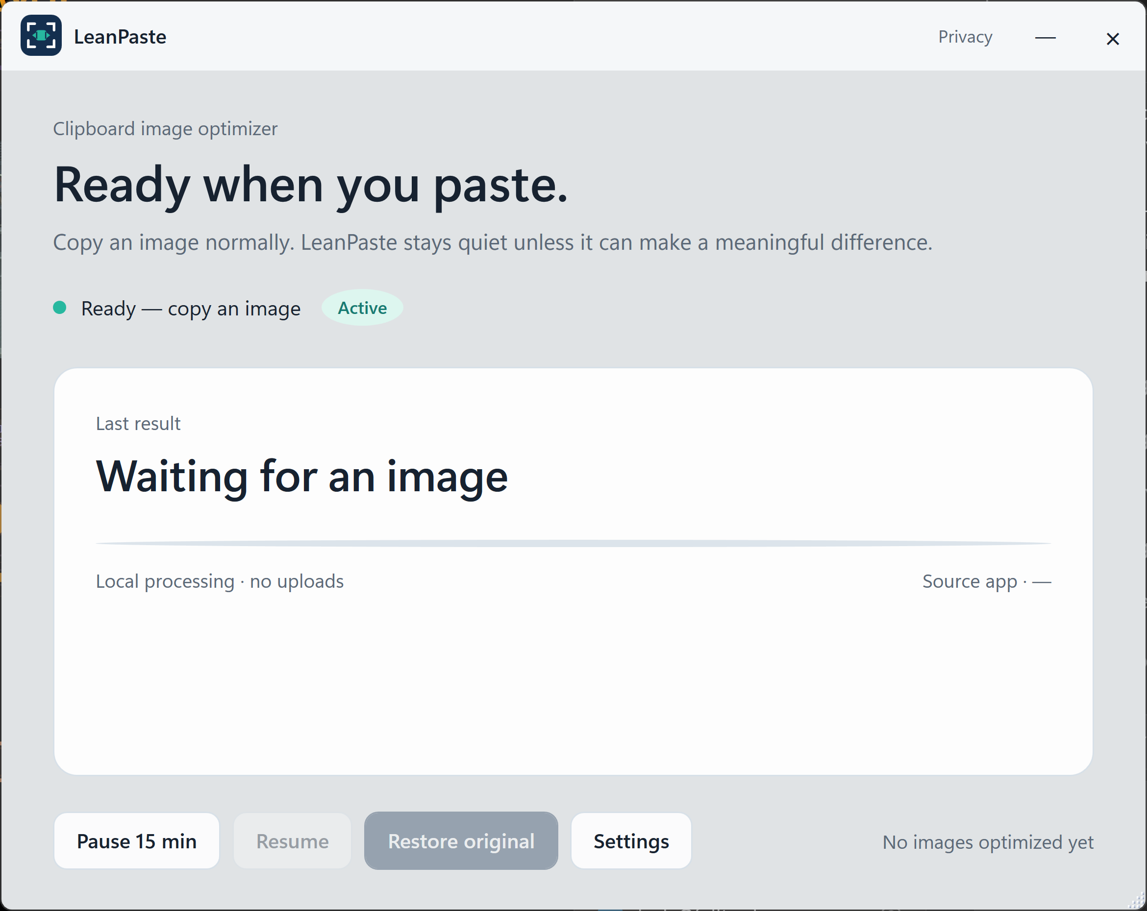 LeanPaste Windows control center showing that it is ready for a copied image